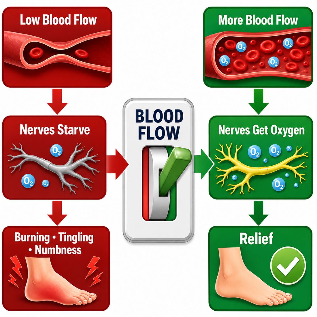 How neuropathy runs on a blood-flow cycle: too little blood flow starves the nerves and causes burning, tingling and numbness, while restoring blood flow lets the nerves recover and brings relief