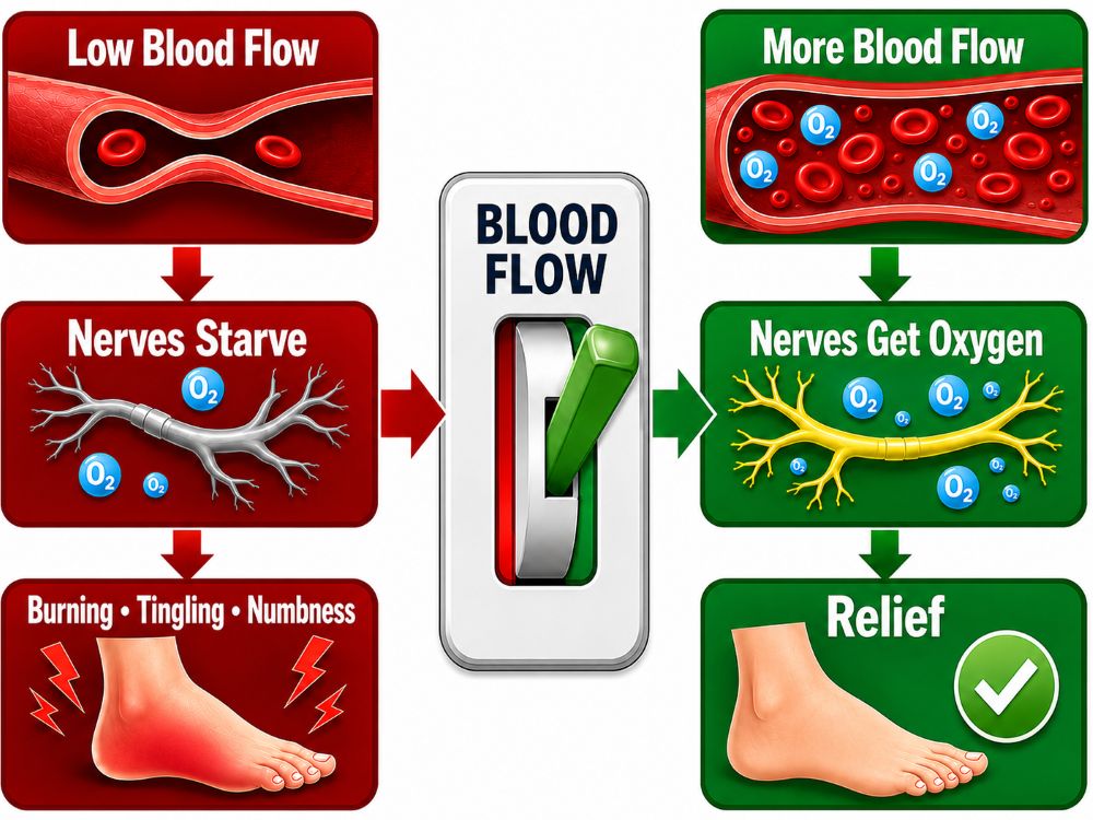 How neuropathy runs on a blood-flow cycle: too little blood flow starves the nerves and causes burning, tingling and numbness, while restoring blood flow lets the nerves recover and brings relief