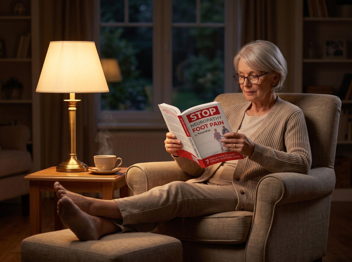 Reading Stop Neuropathy Foot Pain in an armchair