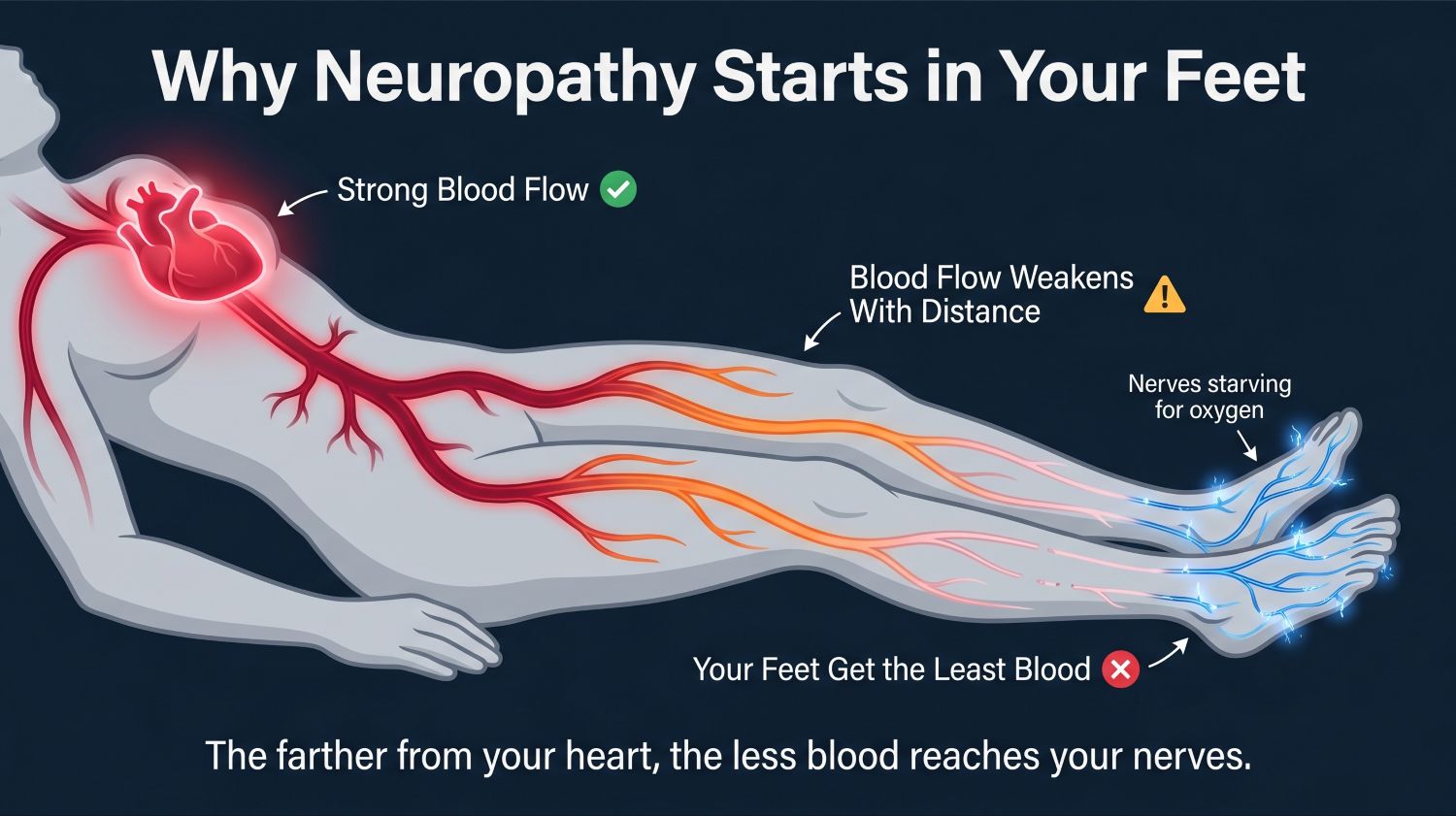 Blood flow weakens with distance from the heart, leaving the feet last in line for circulation