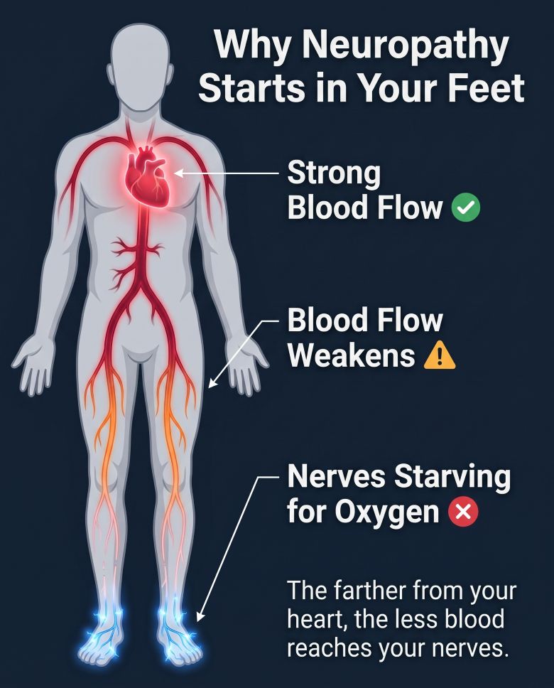 Blood flow weakens with distance from the heart, leaving the feet last in line for circulation