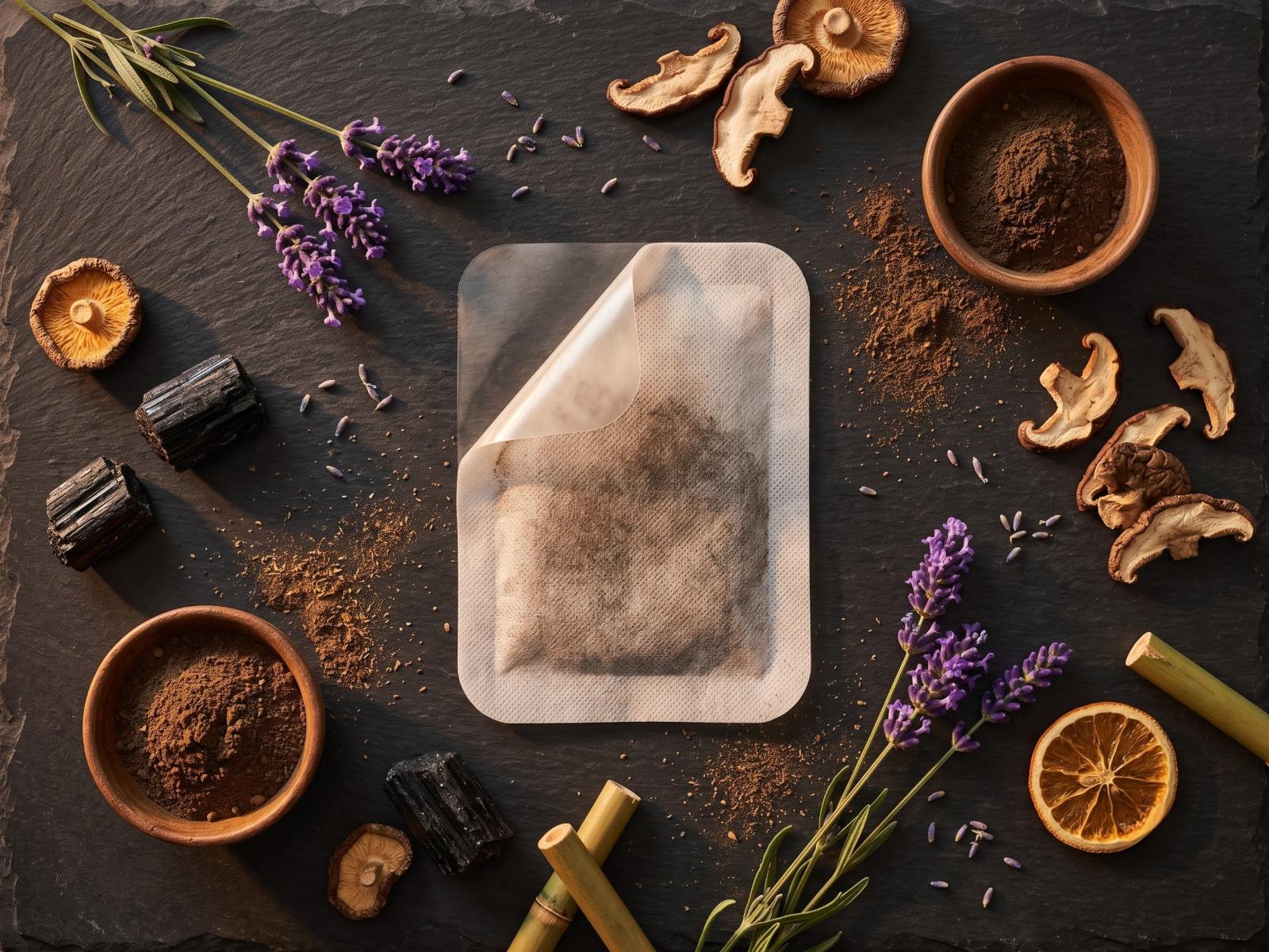 The RenewFlow herbal blend - patch and ingredients on slate