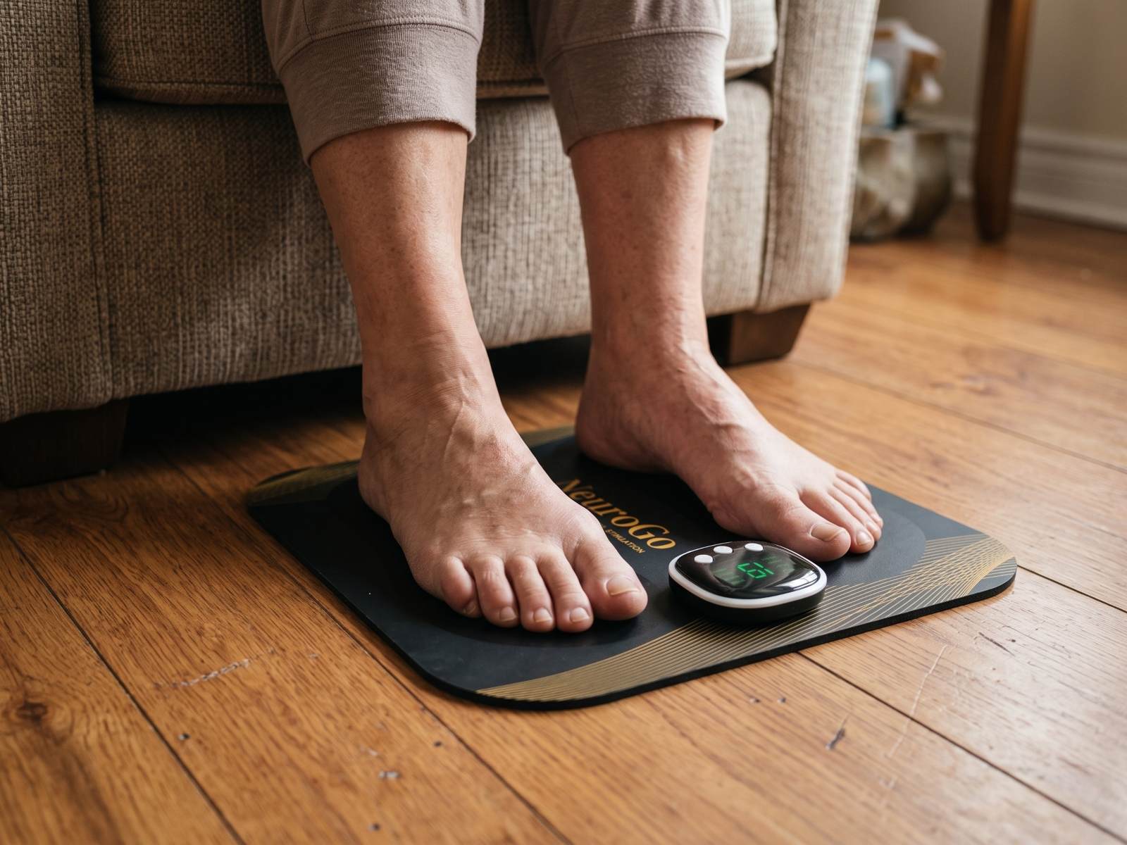 Feet resting on the NeuroGo mat at home