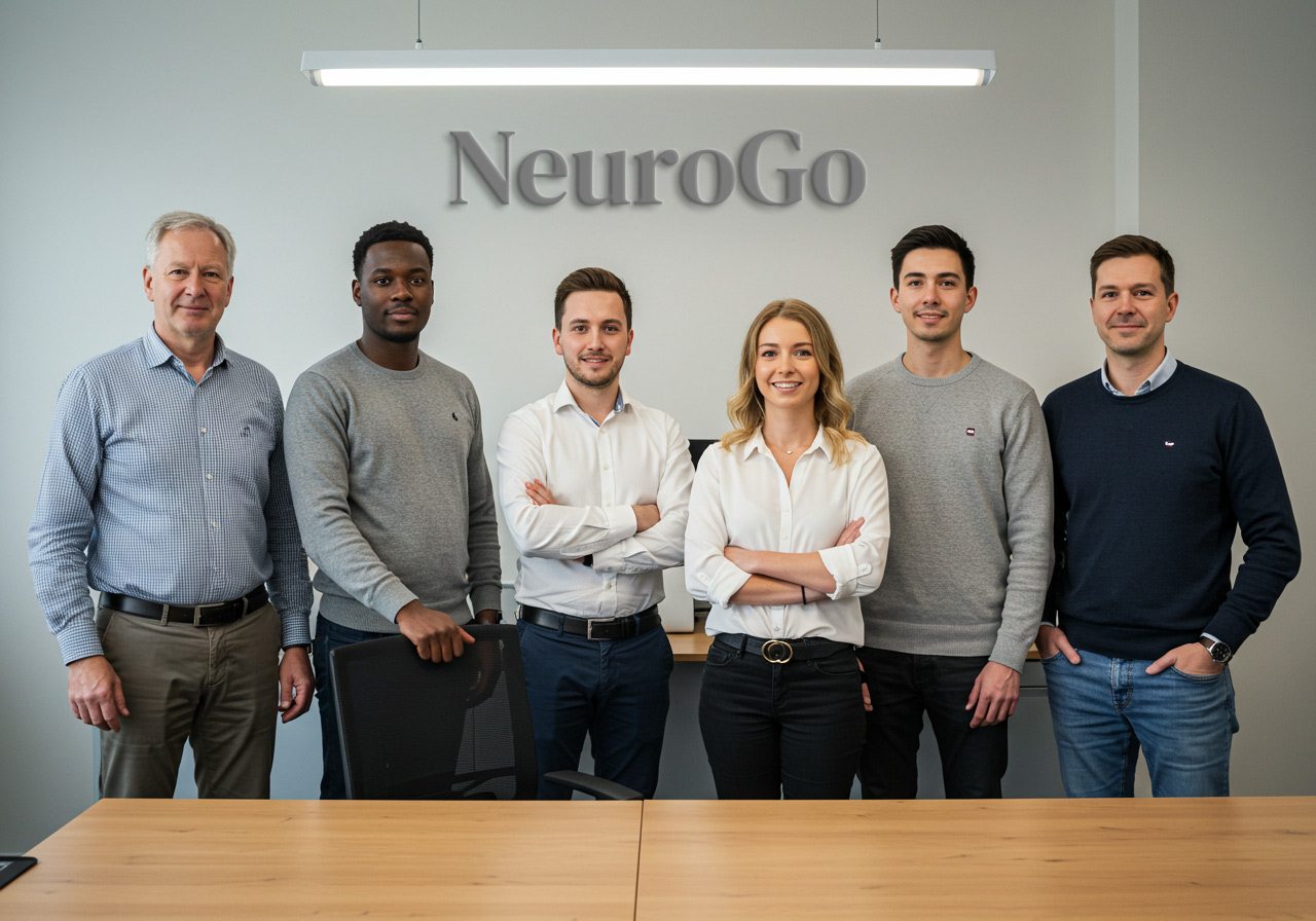 The NeuroGo team standing together in front of the company logo